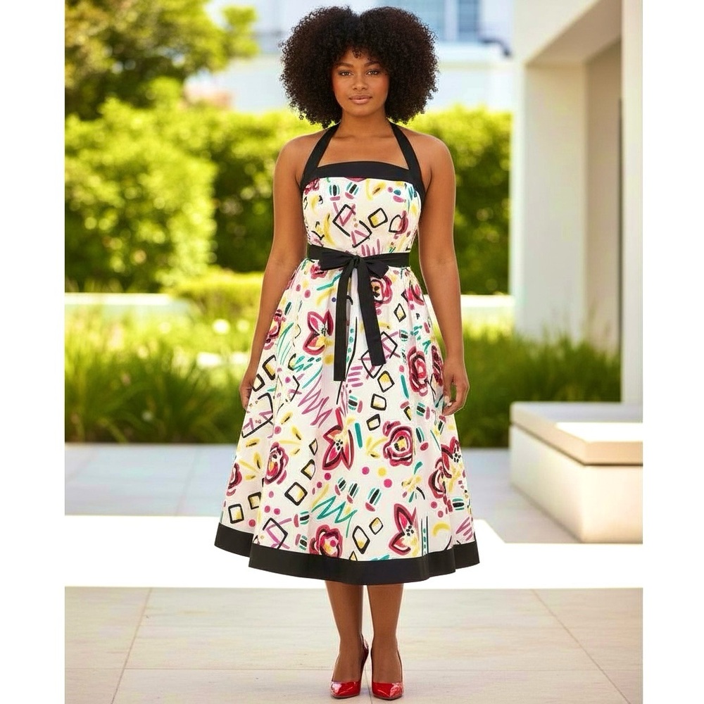 Halmode Petites Vintage Midi Halter Dress Fit Flare Multi Color Size 16P